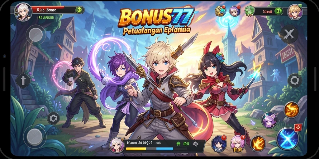 Tangkapan layar utama BONUS777 menampilkan aksi seru dan karakter anime yang menawan.