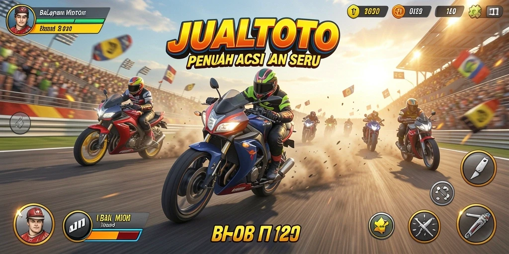 Tampilan gameplay JUALTOTO dengan aksi balap motor yang mendebarkan.