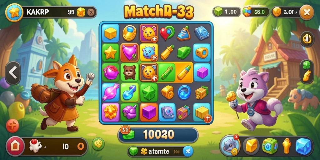 Tampilan gameplay KAKRP dengan berbagai tantangan Match-3.