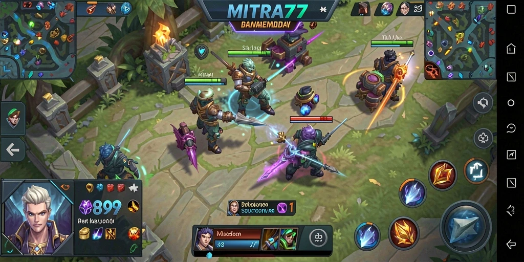 Tampilan gameplay seru dari MITRA77 dengan aksi MOBA yang mendebarkan.
