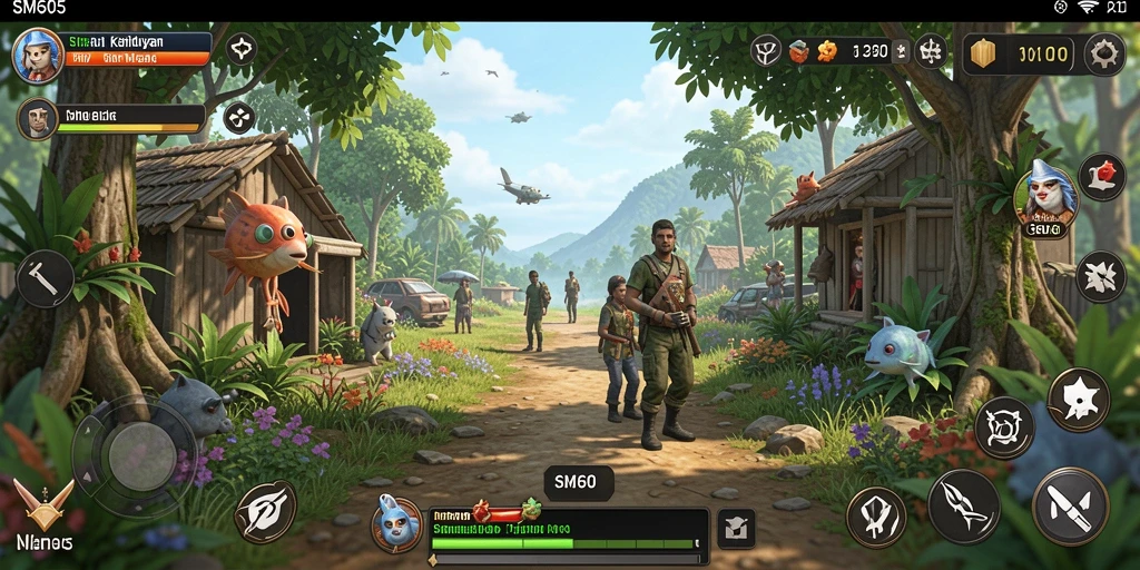 Screenshot gameplay SM605 yang menunjukkan interaksi sosial di dunia virtual.